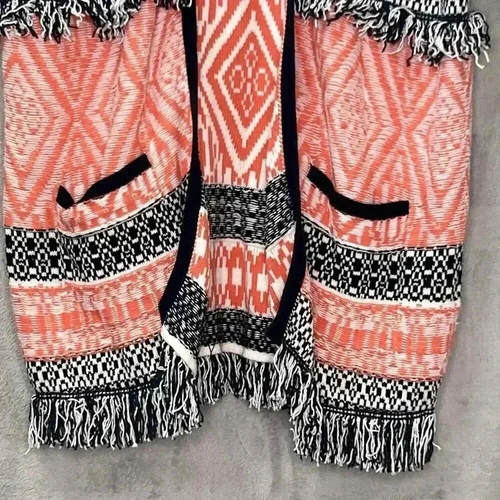 Lucky Brand Fringe Jacquard Cardigan Sweater Vest Sz M Orange Black Aztec‎